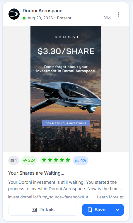 Doroni Aerospace retargeting ad with the share price and a Complete Your Investment button.