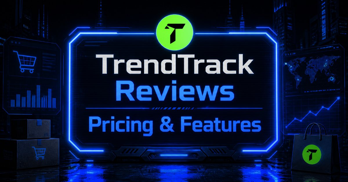 Cyberpunk-style TrendTrack review banner with neon blue interface, pricing and features text, and ecommerce analytics visuals on a dark futuristic background.