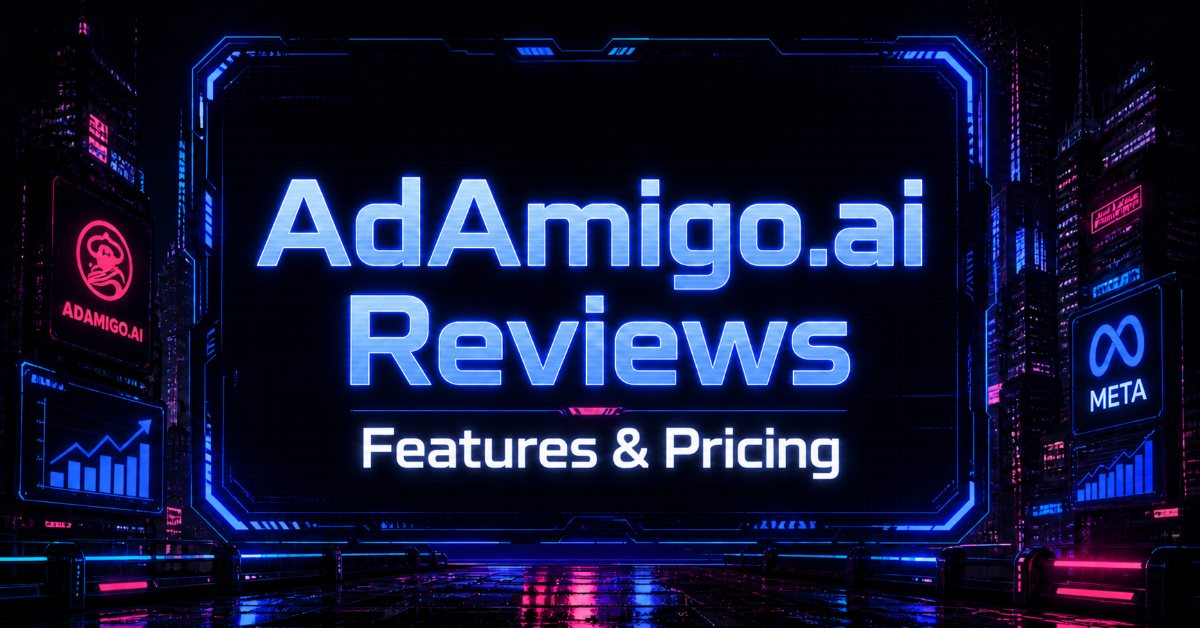 Cyberpunk-style AdAmigo.ai reviews banner with blue neon text, futuristic dashboard frame, and Meta-themed visuals on a dark city background.