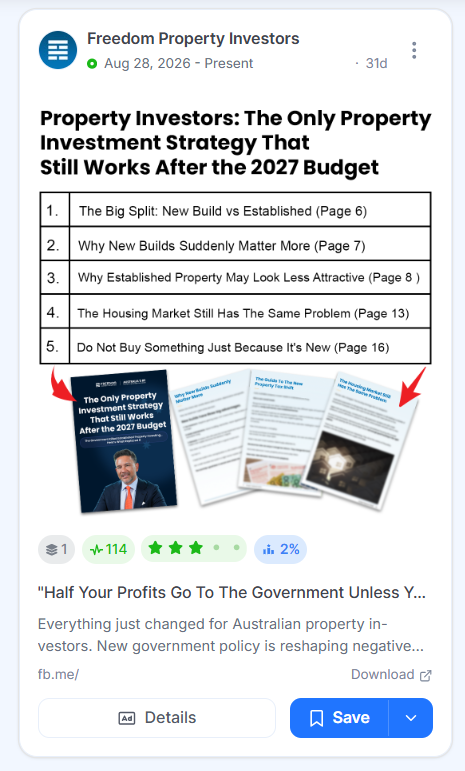Freedom Property Investors ad promoting a property investment guide for the 2027 Federal Budget.