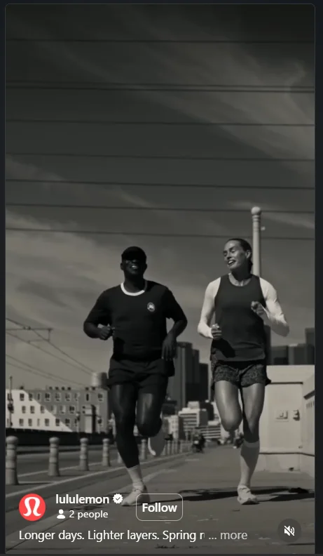 Lifestyle feed ad from Lululemon using a candid running scene in an urban setting to position the apparel as part of an active lifestyle.