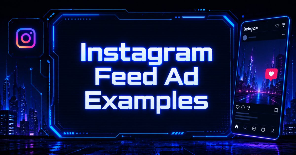 Cyberpunk-style Instagram feed ad illustration with glowing blue neon interface, Instagram app mockup, and futuristic city background.