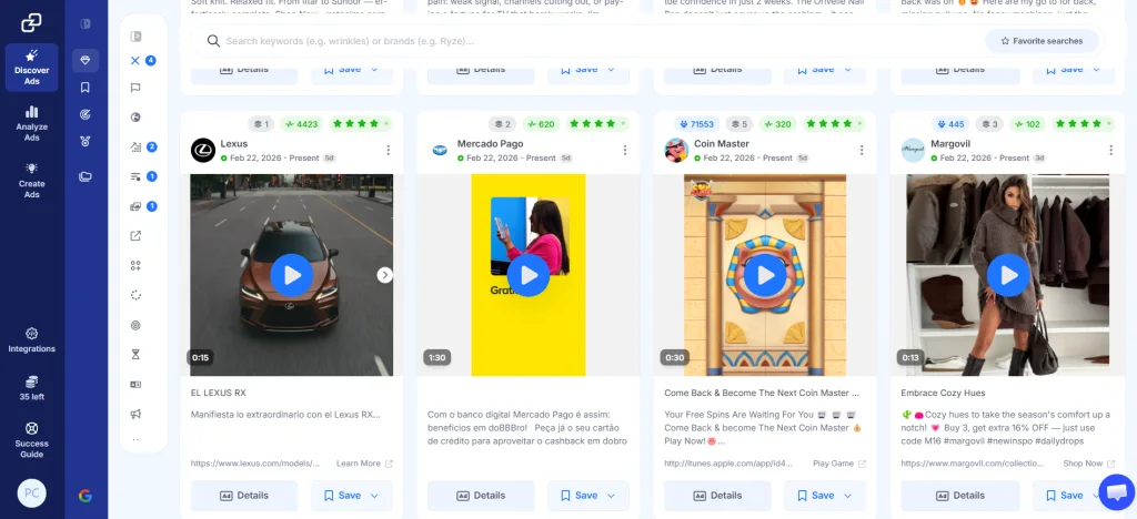 GetHookd's Ads interface showing how advertisers can browse and save high-performing Meta ads across niches.