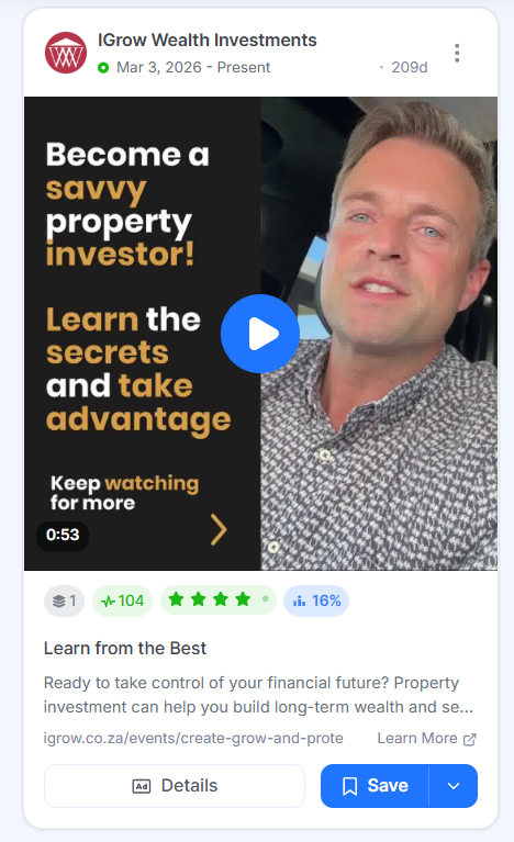 IGrow Wealth Investments video ad with a presenter speaking to camera beside bold text inviting viewers to become savvy property investors.