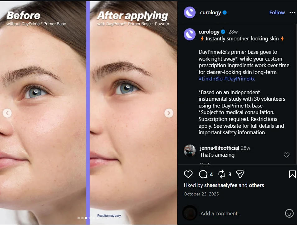 A before-and-after image ad using a labeled split-frame visual to demonstrate Curology’s product effect.