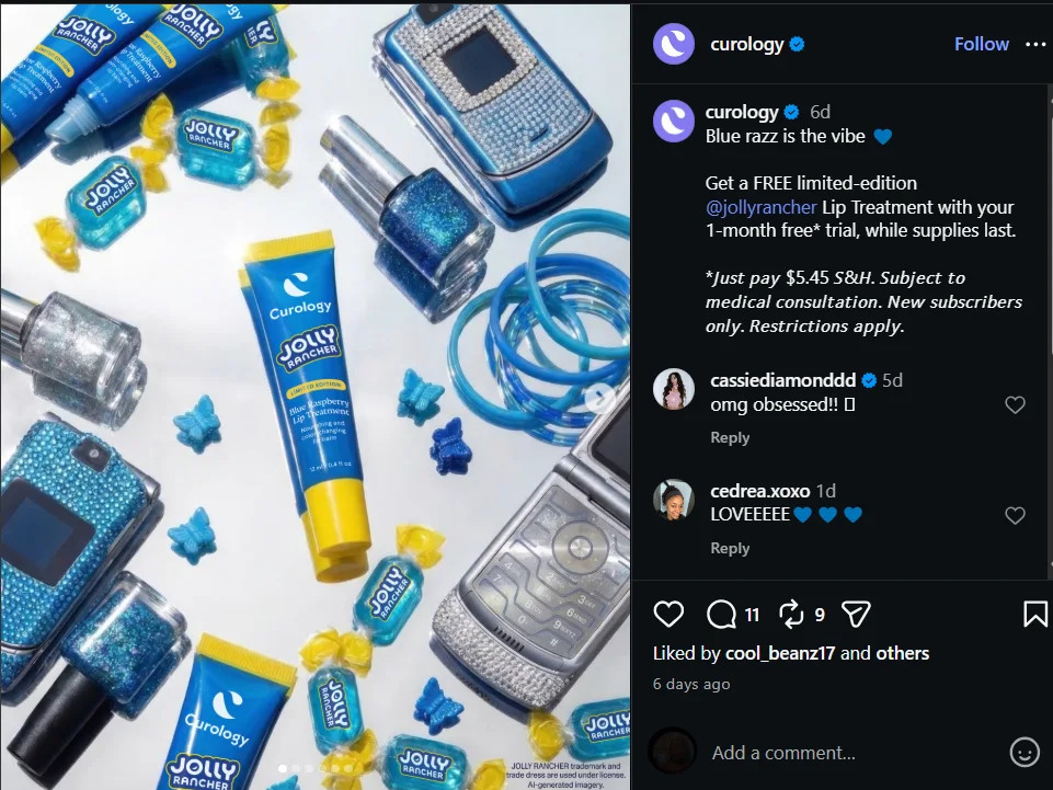 Example of a flat lay image ad by Curology, using color cohesion and editorial arrangement to mirror organic feed content.