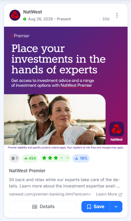 NatWest Premier ad showing a relaxed couple on a boat beneath a headline about expert investment advice, with a risk disclaimer at the bottom.