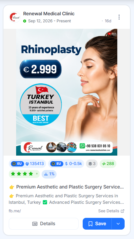 Renewal Medical Clinic ad pairing a €2,999 rhinoplasty price with its years of experience and patient count.