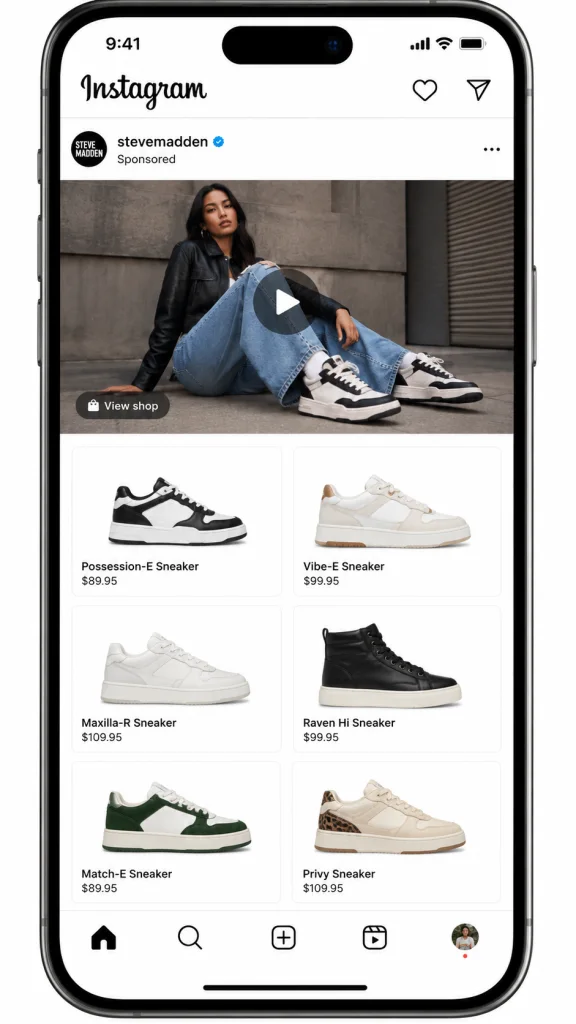 Steve Madden Instagram Storefront ad featuring a sponsored hero video of a model wearing sneakers, above a grid of 6 sneaker products with names and prices.
