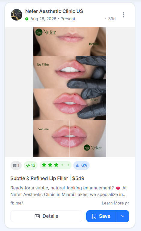Nefer Aesthetic Clinic ad showing stacked close-up images of lips before and after filler treatment and a $549 price headline.