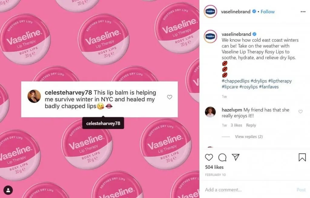 Vaseline Instagram ad featuring user @celesteharvey78's comment: "This lip balm is helping me survive winter in NYC and healed my badly chapped lips."