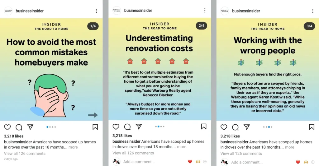 Three-slide Business Insider Instagram carousel demonstrating the value-driven format, with headlines.
