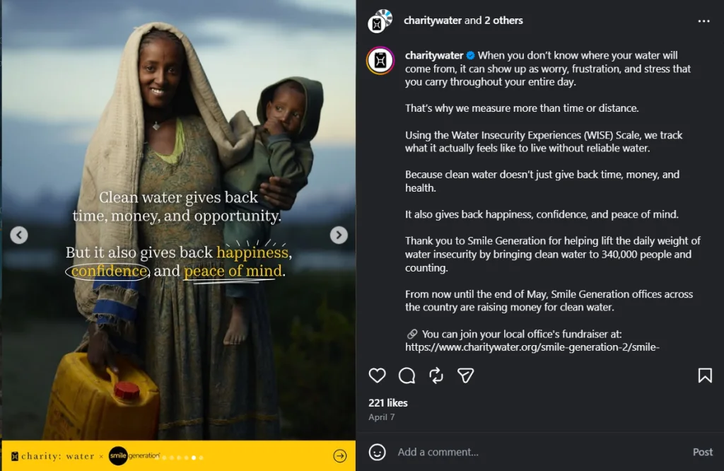 Charity: water Instagram carousel ad showing a mother and child with the message that clean water gives back time, money, and opportunity.