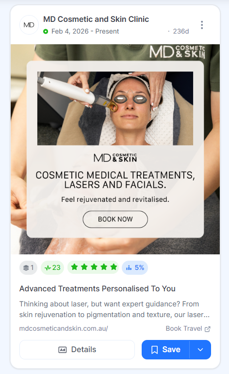 MD Cosmetic and Skin Clinic ad showing a patient receiving laser treatment, beneath a headline listing cosmetic treatments, lasers, and facials.