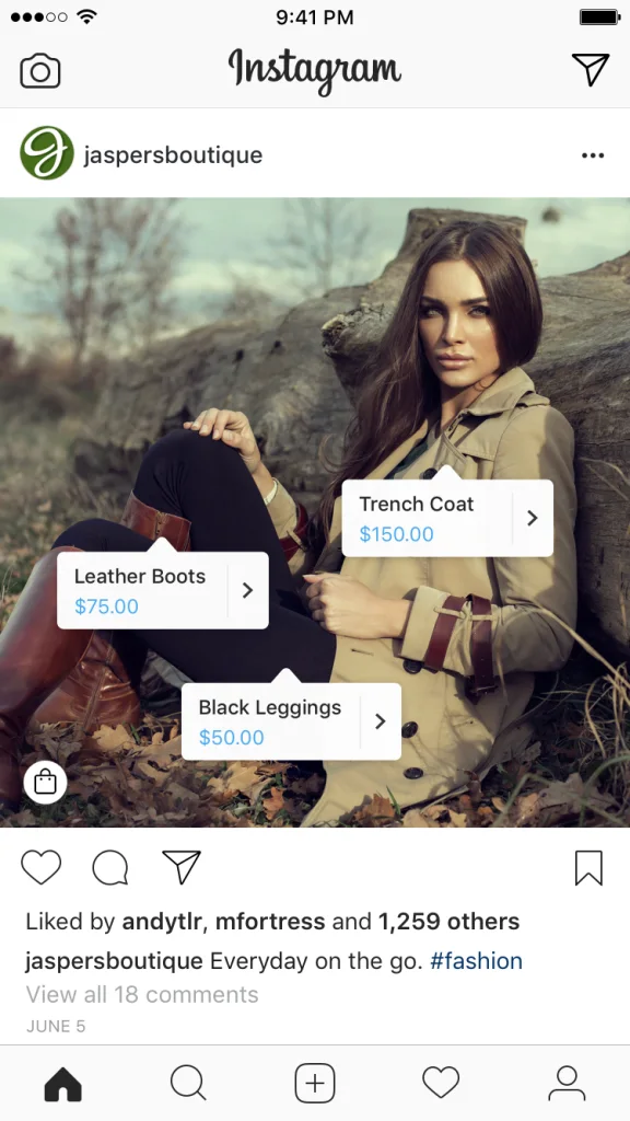 Shoppable Instagram post with multiple visible product tags showing item names and prices.