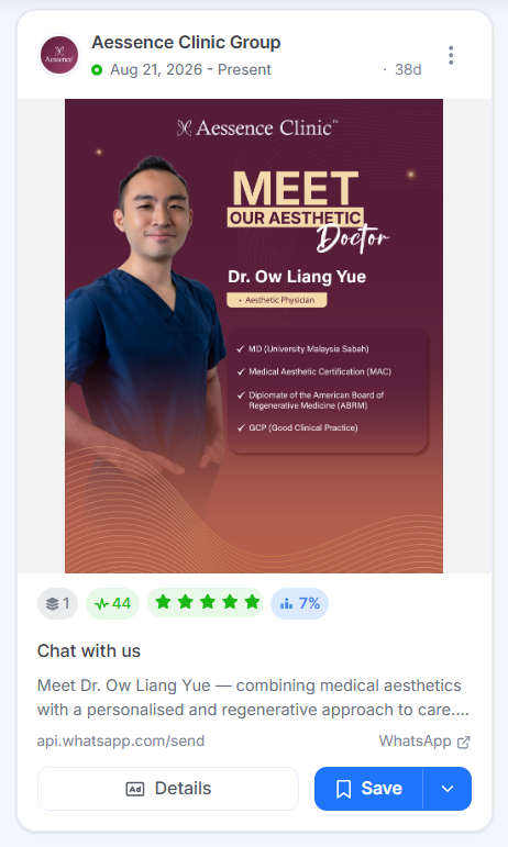 Aessence Clinic ad introducing its aesthetic physician with a portrait and a checklist of his medical qualifications and certifications.