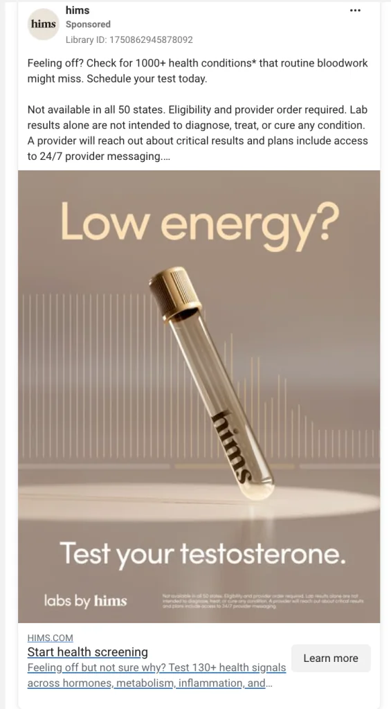 Hims sponsored Instagram ad showing a test tube with the headline "Low energy?" and tagline "Test your testosterone"; a real-world PAS framework example.
