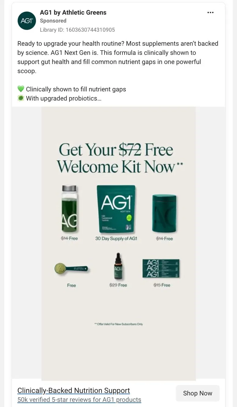 AG1 by Athletic Greens sponsored ad promoting a $72 free welcome kit, with social proof tagline: "50k verified 5-star reviews for AG1 products."