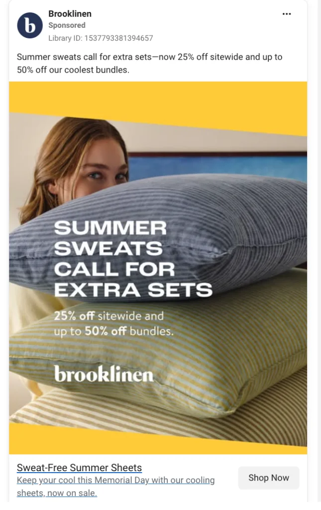 Brooklinen sponsored ad showing stacked blue and green striped pillows with bold white text "Summer Sweats Call For Extra Sets, 25% off sitewide and up to 50% off bundles."