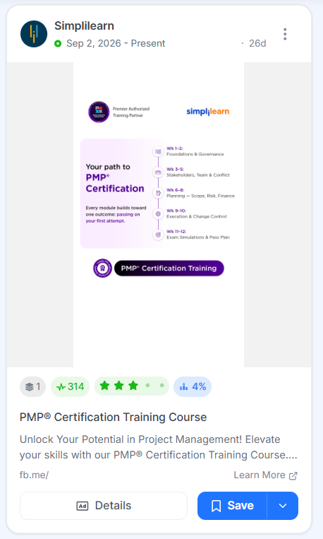 Simplilearn ad for PMP certification training showing a 12-week study roadmap, from foundations to exam simulations, with a PMI authorized training partner badge.
