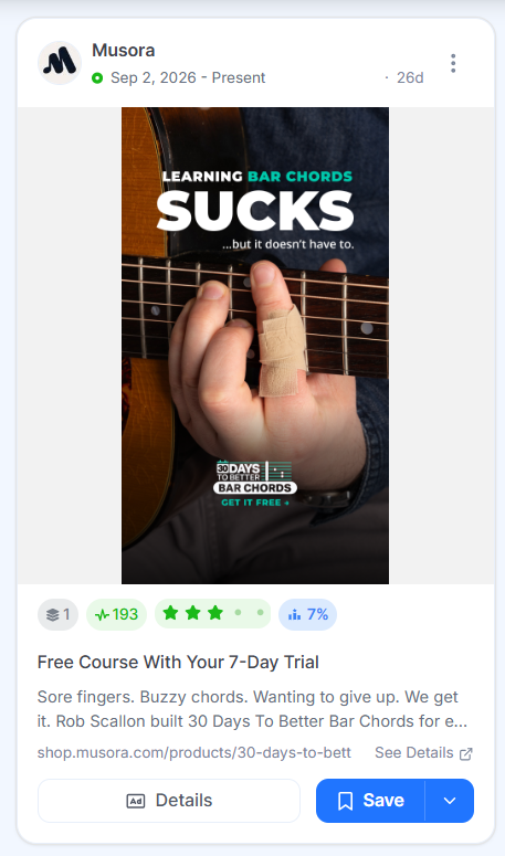 Musora ad showing a taped finger pressing guitar strings, with an offer for a free 30 Days to Better Bar Chords course.