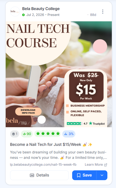 Bela Beauty College ad for a nail tech course showing a manicure in progress, a price drop from $25 to $15 per week, and a 4.7 Trustpilot rating.