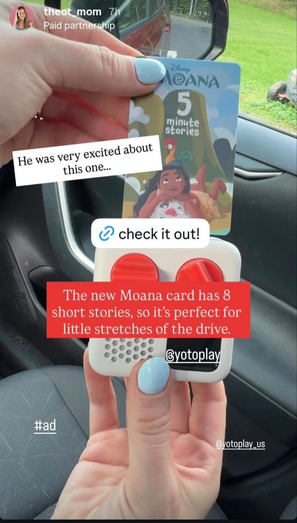 Screenshot of a natural sponsored Story featuring Yoto's Disney Moana card