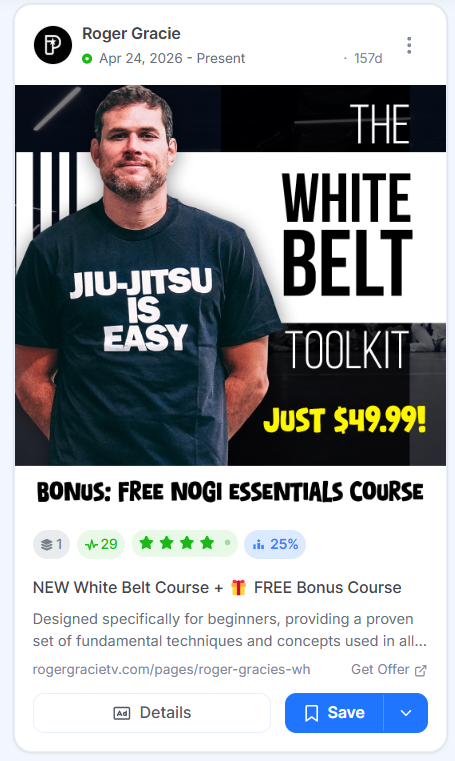 Roger Gracie ad showing him in a Jiu-Jitsu Is Easy shirt beside text promoting The White Belt Toolkit for $49.99 with a free NoGi bonus course.