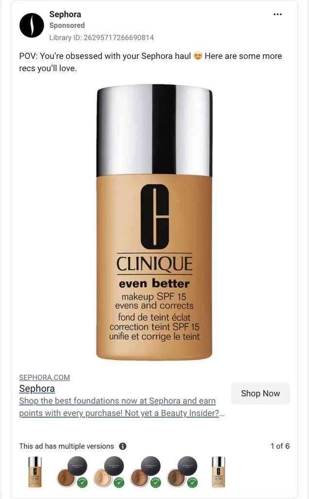Sephora sponsored ad showing Clinique Even Better Makeup SPF 15 foundation with Shop Now button.