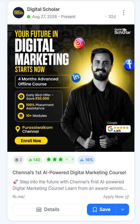 Digital Scholar ad for a four-month digital marketing course in Chennai, surrounded by social media icons, course perks, and an Enroll Now button.