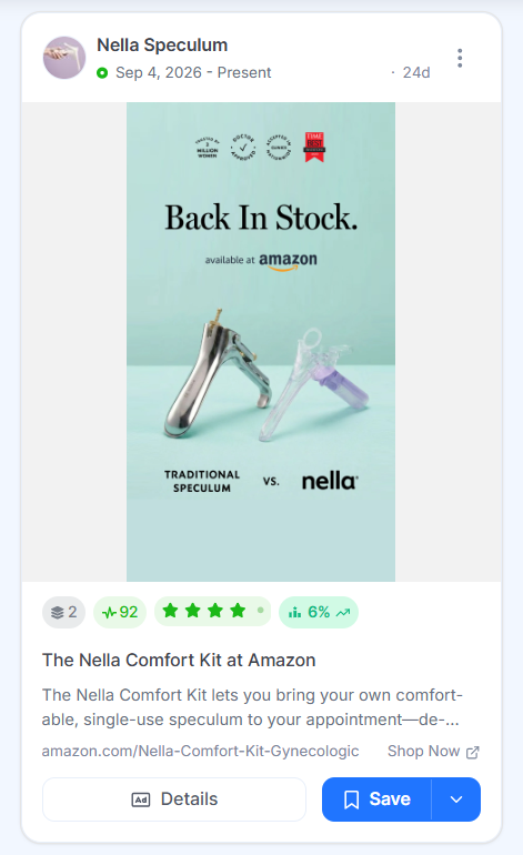 Nella ad comparing a metal traditional speculum with the Nella Comfort Kit on a teal background, with trust badges and an available at Amazon line.