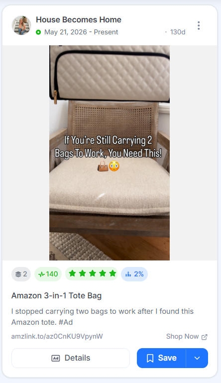 Video ad from House Becomes Home showing a quilted tote bag on a chair, with on-screen text about carrying two bags to work.