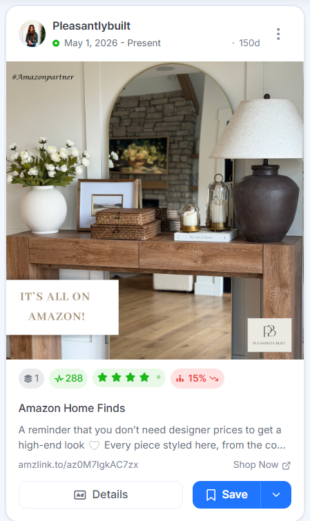 Home decor ad showing a styled wooden console table with a lamp, vases, and baskets, labeled as Amazon finds with an Amazon partner tag.