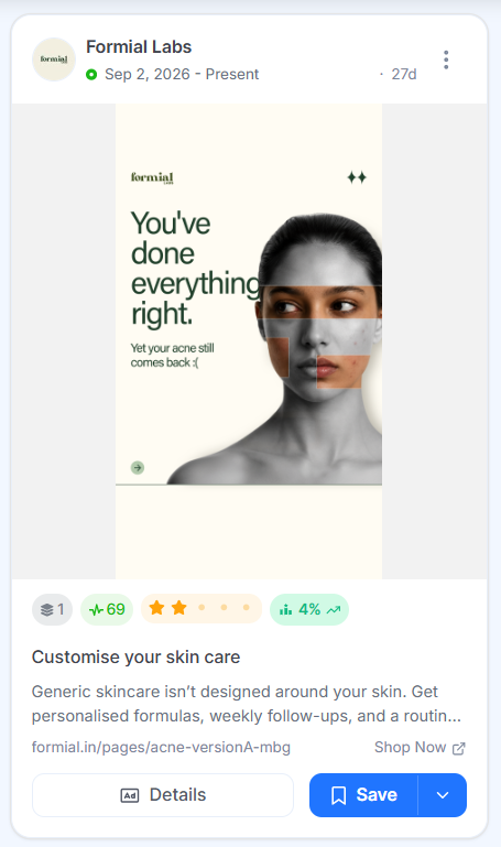 Formial Labs ad showing a black-and-white portrait with color patches over acne-prone skin, beside a headline about acne returning despite doing everything right.