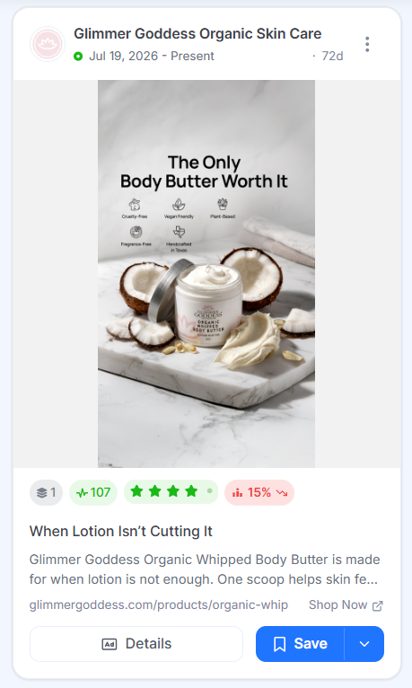 Glimmer Goddess ad showing a jar of organic whipped body butter on marble with coconut halves, beneath a headline calling it the only body butter worth it.