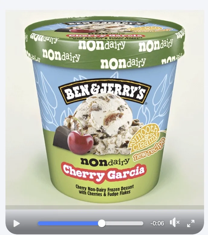 Ben & Jerry's non-dairy Cherry Garcia pint in video ad with playback controls.