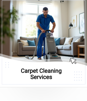 A carpet cleaning ad showing a technician using a vacuum cleaner to clean the carpet in a home. 