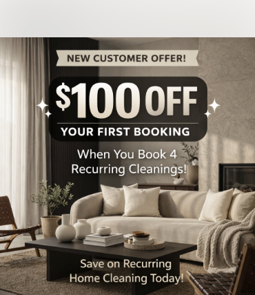 First-time customer discount ad offering $100 off a first-time booking for carpet cleaning services. 