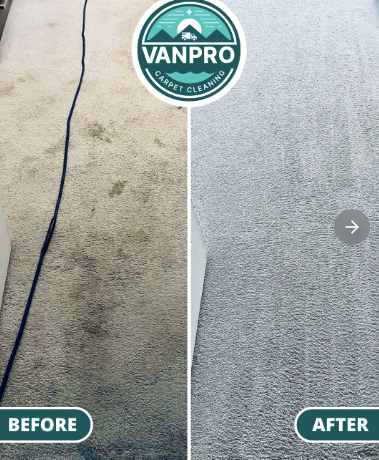 A static shot showing side-by-side before-and-after transformation of a dirty carpet to a clean carpet
