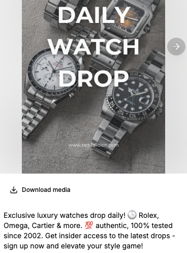 A Facebook ad showing luxury watches with a sign-up CTA in the caption.