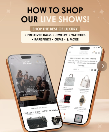 The first slide of a carousel ad showing an online store that promises to teach customers how to shop luxury products in the subsequent slides.