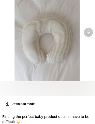 One page in a carousel ad showing one of the many colors of a nursing pillow being advertised by a brand.