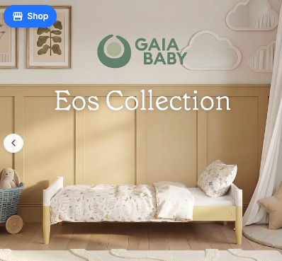Carousel-style ad showing a neatly arranged toddler bed beside a toy basket in a nursery.