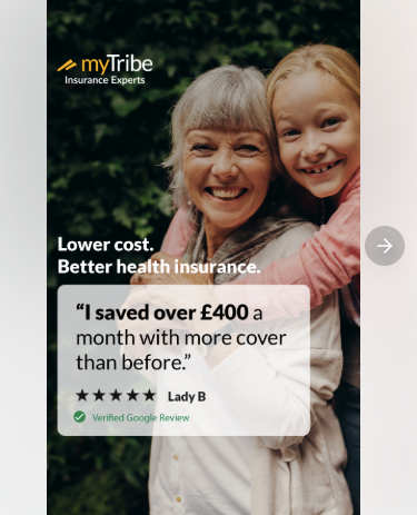 Health insurance testimonial ad showing a 5-star review from a satisfied customer revealing her savings due to her coverage.