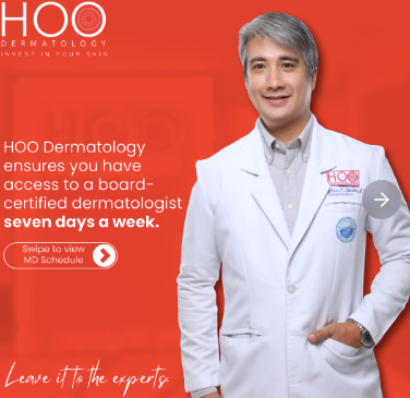Dermatology ad showing a dermatologist dressed in a lab coat while looking friendly. 