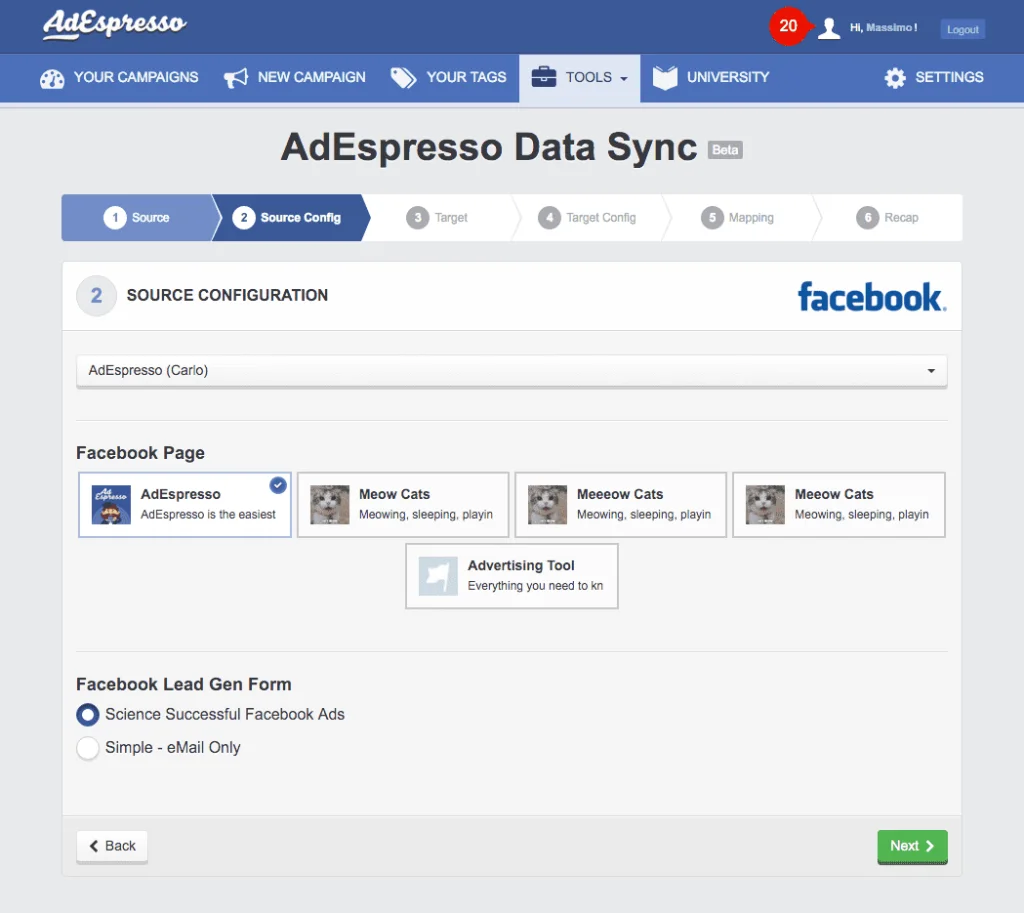 AdEspresso's Data Sync setup walks users through a step-by-step source configuration to connect Facebook pages and lead gen forms for streamlined campaign management across accounts. (Image source: AdEspresso)