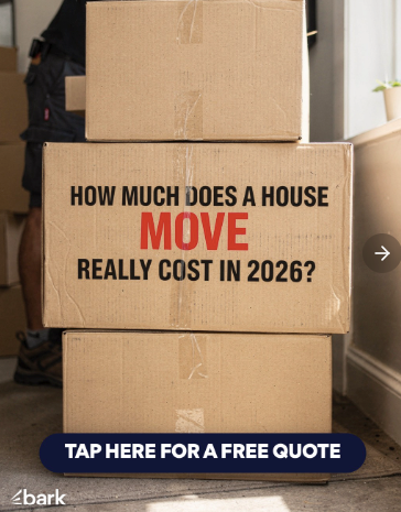 Image of a stack of moving boxes, with a caption advertising a free quote.