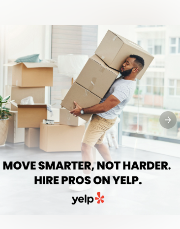 The first image in the carousel shows a person carrying a stack of moving boxes.