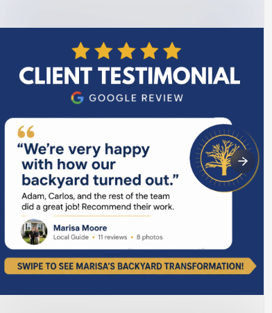 A landscaping testimonial ad showing a homeowner's five-star review.