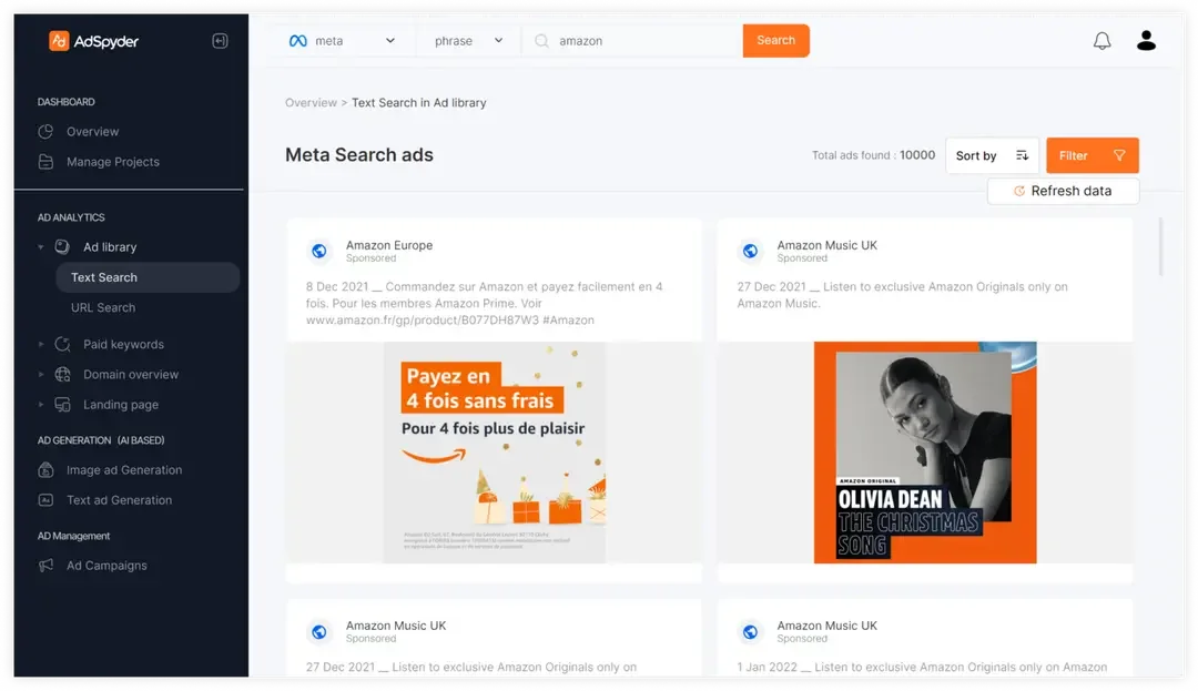 AdSpyder's Text Search interface showing 10,000 Meta ad results for 'amazon,' with sponsored creatives from Amazon Europe and Amazon Music UK